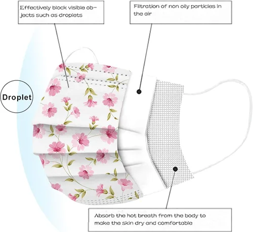 Vista 5 de 50 máscaras desechables para mujeres, diseño floral, día festivo, cuidado de la piel, para adultos, a prueba de polvo, máscara antipolvo para fiestas