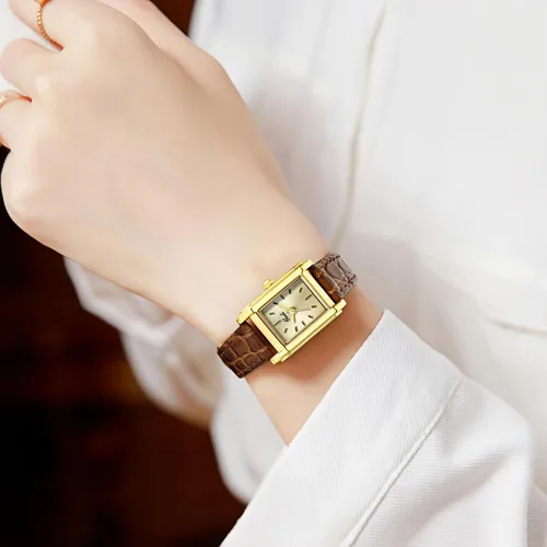 Vista 2 de Reloj de pulsera vintage rectangular de cuero para mujer, elegante reloj de pulsera de cuarzo clásico impermeable para mujer, reloj de regalo