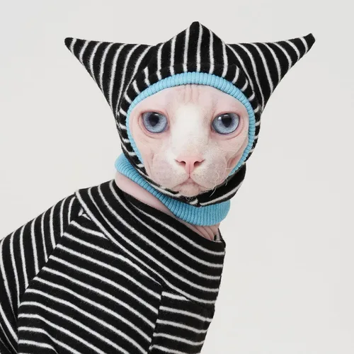 Vista 6 de Sphynx - Conjunto de camisa transpirable a rayas negras para gatos, gorro y camisa para mascotas (talla S)