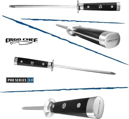 Vista 5 de Ergo Chef Pro Series 2.0 - Afilador de cuchillos - Varilla de afilar de acero inoxidable magnetizado de 9 pulgadas con mango de madera de Pakka