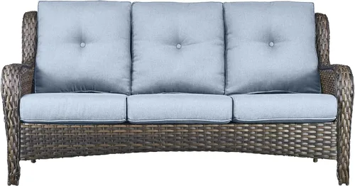 Vista 36 de Sofá Pop Patio de 2 plazas para exteriores con cojines gruesos de botones, respaldo alto, muebles de ratán de mimbre marrón resistentes y cómodos
