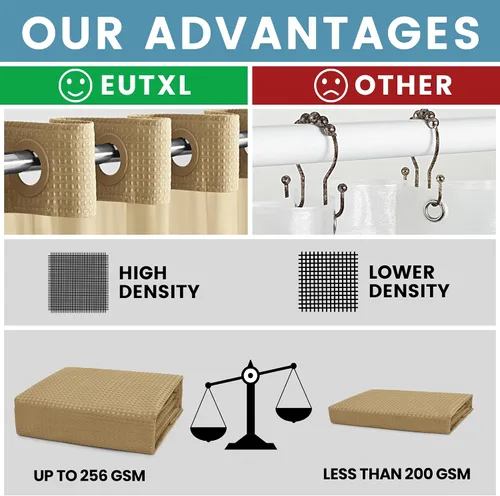 Vista 2 de EUTXL Cortina de ducha beige sin gancho con forro a presión, 230 GSM, cortinas de ducha para baño, 71 pulgadas de ancho x 74 pulgadas de alto