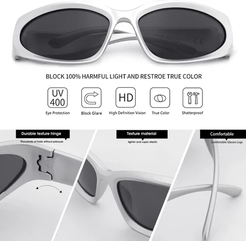 Vista 5 de Y2K - Gafas de sol envolventes deportivas futuristas ovaladas para mujeres y hombres 2022 a la moda, color plateado