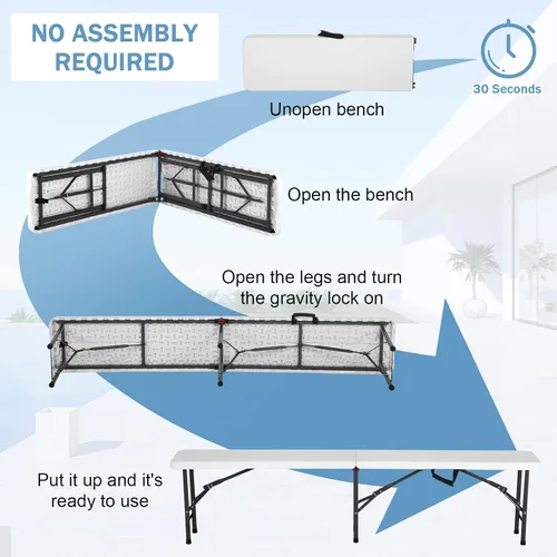 Vista 6 de Bancos plegables de plástico de 6 pies, paquete de 2, banco portátil para exteriores con asa y cerradura para picnic, camping, comedor, fútbol