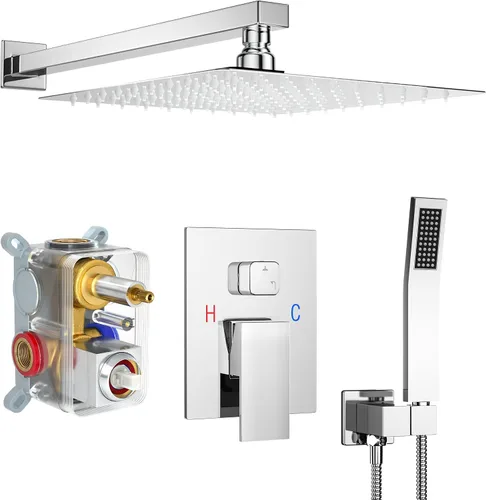 Vista 16 de Sistema de ducha dorado cepillado con cabezal de ducha de lluvia de 10 pulgadas y boquilla de bañera cUPC-certified pressure balance brass valve