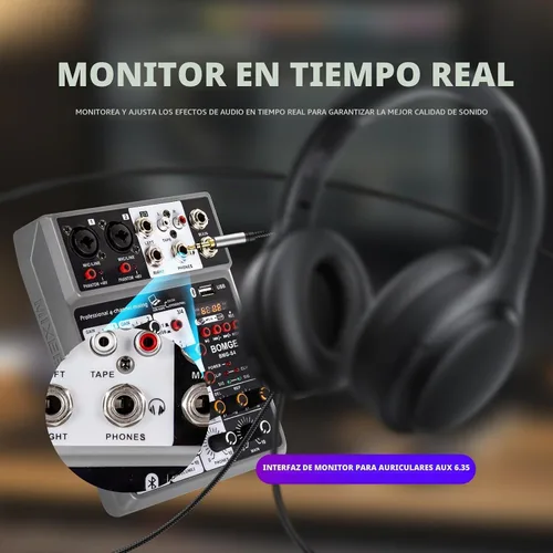 Vista 6 de BOMGE Mezclador de Audio Profesional, Consola de Mezcla de Placa de Sonido con 4 Canales Digital USB Bluetooth Efecto de Eco y Retrazo, Entrada 48V
