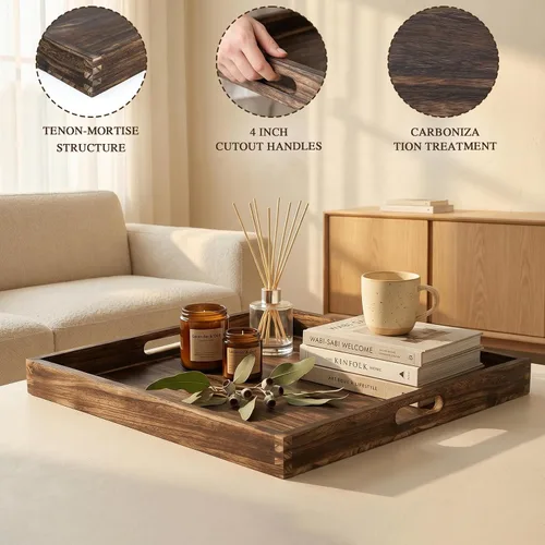 Vista 4 de Bandeja otomana de madera de 20 pulgadas con asas rústica Bandeja decorativa grande para mesa de café, centro de mesa, sala de estar, decoración