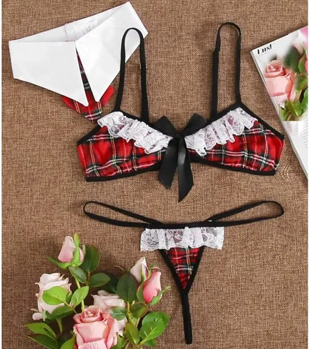 Vista 2 de Women Sexy Lingerie 3PC Lace Plaid Bra Thong Halter Uniform Pajamas Set
