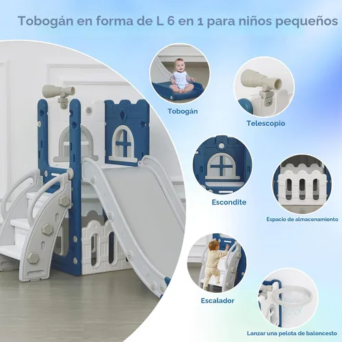 Vista 4 de LulliSpace Tobogán 6 en 1 para Niños Pequeños, Escalador Deslizante para Niños para Patio de Juegos Interior y Exterior con Aro de Baloncesto