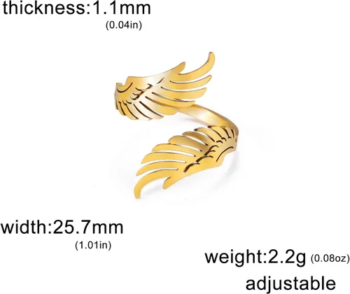 Vista 5 de Dreamtimes Open Ring with Flying Angel Wings for Women and Men Adjustable Stainless Steel Ring Hip Hop Punk Ring
