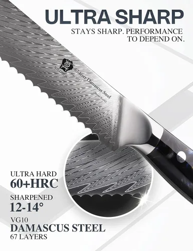 Vista 3 de WILDMOK Cuchillo de pan de acero dentado de Damasco, cuchillo de pan dentado de 8 pulgadas, mango ergonómico de resina de espiga completa, afilado