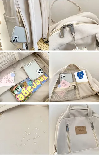 Vista 5 de AONUOWE Mochila preppy con peluches linda mochila para adolescentes y niñas, bolsas escolares ligeras de academia, bolsa escolar de estética sólida