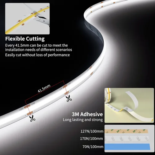Vista 5 de PAUTIX Tira LED COB de 24 pies/24.6 ft, tira de luces LED blancas Dailylight de 6000 K, cinta LED súper brillante regulable, luces LED DC24V