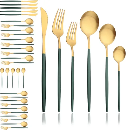 Vista 24 de JASHII Juego de cubiertos mate de 36 piezas con mango plano acabado satinado negro acero inoxidable cubiertos servicio para 6 para cocina casera