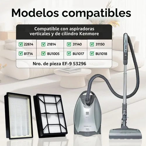 Vista 8 de Filtro Hepa EF-9 para aspiradoras verticales 53296 40195 y envase Modelo 22614 10065 y 31140