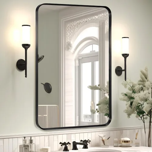 Vista 20 de Espejo arqueado negro de 16" x 20", espejo de pared para baño con arco, espejo de tocador de baño con marco de metal y parte superior arqueada