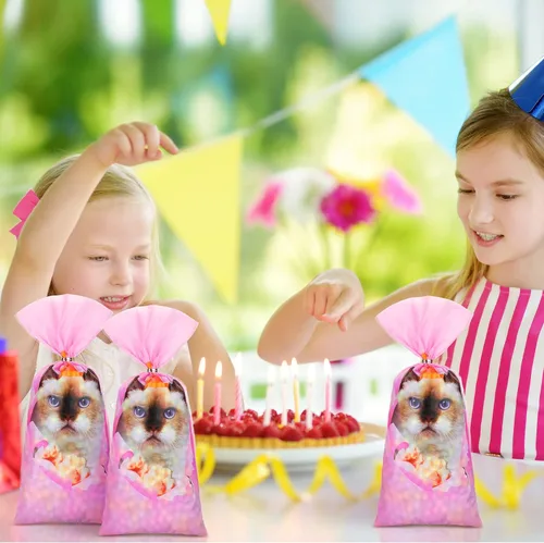 Vista 7 de Hotop 100 bolsas de celofán con 150 corbatas, suministros de decoración de cumpleaños con temática de gatito, suministros para niños, hogar, aula