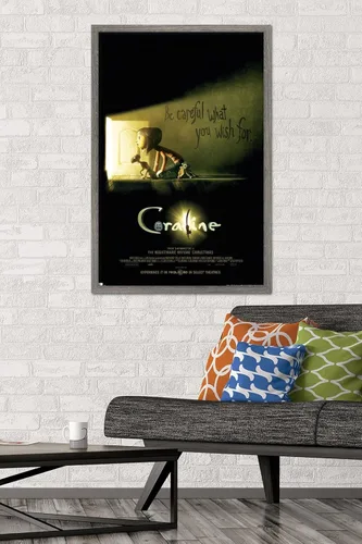 Vista 2 de Trends International Coraline - Póster de pared con texto en inglés «Be Careful» Versión enmarcada Barnwood