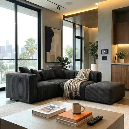 Vista 3 de Acanva Sofá modular convertible con otomana, en forma de L, negro Sofá de pana, marco de madera, combinación libre, sofá cama, para sala de estar