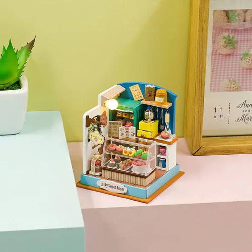 Vista 2 de Kit de casa de muñecas en miniatura y muebles, modelo de casa de muñecas de madera en 3D con cubierta a prueba de polvo y LED, idea creativa