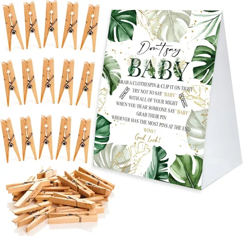 Vista 12 de Juego de pinzas para la ropa de baby shower, un cartel de papel recubierto de 5 x 7 pulgadas y 50 pinzas naturales para la ropa, baby shower