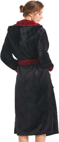 Vista 3 de Inner Wish Bata de felpa con capucha para mujer, de forro polar, acogedora y cálida, bata de spa con bolsillos