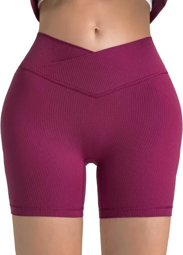Vista 3 de Meides Pantalones cortos de yoga cruzados sin costura frontal, cintura alta, acanalados, para entrenamiento, gimnasio, ciclismo, correr, para mujer