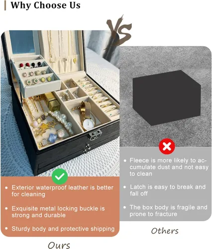 Vista 6 de Caja de almacenamiento de joyas cajas organizadoras de joyas grandes de 3 capas para mujeres y niñas vitrina de joyería de piel sintética con 2
