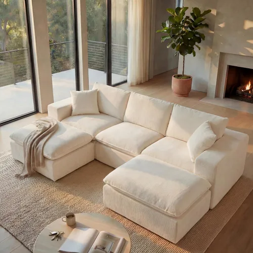 Vista 21 de Sofá nube modular en forma de L de 110 pulgadas con otomana móvil, cómodo sofá de 4 asientos de chenilla sin hueso con asiento profundo para sala