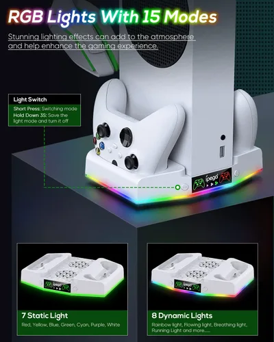 Vista 3 de Soporte de refrigeración y estación de carga para Xbox Series S con tira de luz RGB, cargador dual de controladores y ventilador enfriador
