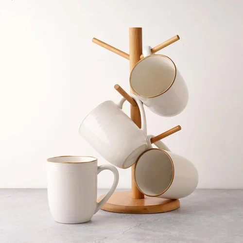 Vista 6 de famiware Tempus Juego de Tazas de Café de 4, Juego de Tazas de 14 oz, Tazas de Gres con Asa para Café, Té, Cacao, Leche, Capuchino, Apto para Blanco