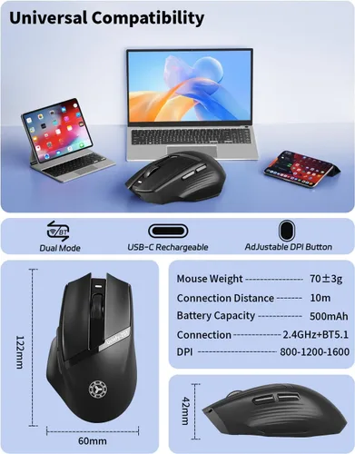Vista 7 de Uciefy Ratón inalámbrico Bluetooth Z07, ratón recargable para portátil Negro
