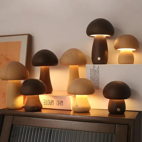 Vista 4 de Lámpara de madera USB con forma de hongo, luz nocturna multicolor, iluminación ambiental, luces de noche, lámparas de mesa para dormitorio, sala