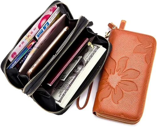 Vista 4 de Cartera de cuero para mujer con bloqueo RFID, bolsillo para teléfono inteligente con doble cremallera,Ranuras para efectivo de gran capacidad