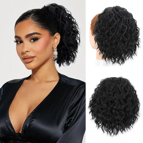 Vista 21 de FREEMEIGE Extensión de cola de caballo, cola de caballo rizada ondulada de 8 pulgadas para mujeres negras, corto, suave, natural, sintético, grueso
