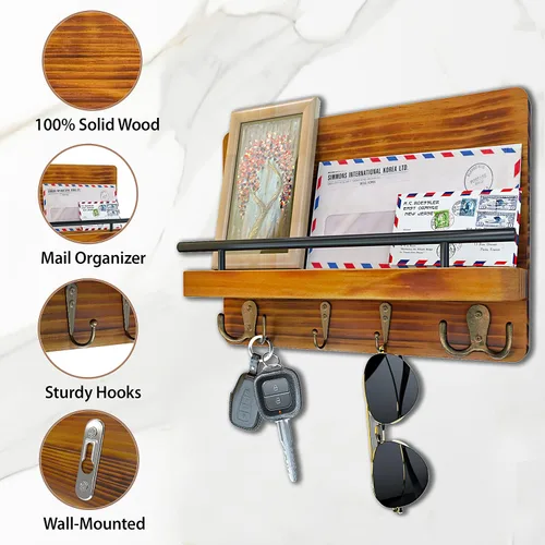 Vista 3 de Liberty - Llavero para pared, organizador de correo de madera de pino puro, soporte decorativo marrón con ganchos para llaves, soporte de pared