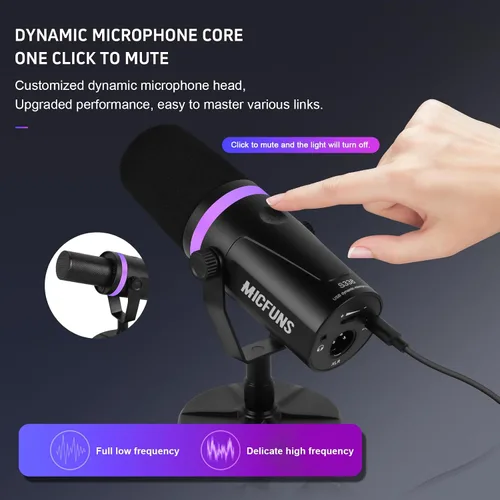 Vista 8 de Micufuns Vocal Dynamic Microphone, XLR/USB Podcast Recording PC Microphone,Studio Metal Mic with Mute, Headphone Jack, Monitoring Volume