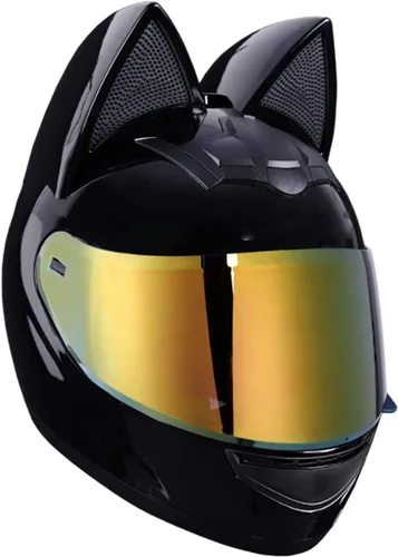 Vista 5 de Casco de locomotora con orejas de gato con certificación DOT, cómodo casco modular de cara completa para motocicleta, casco personalizado para Negro
