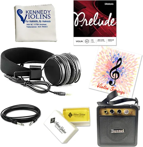 Vista 5 de Conjunto de borde de túnel de violín eléctrico 4/4 de tamaño completo (rojo) - Con estuche de transporte y accesorios - Mini amplificador - conector