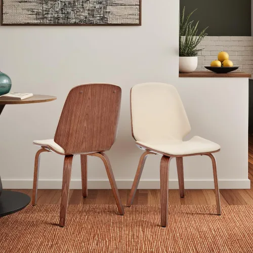 Vista 12 de Armen Living Brinley Mid Century - Silla auxiliar moderna de piel sintética color crema y madera de nogal para comedor, mesa de cocina, escritorio