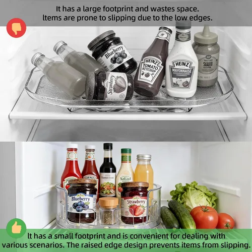 Vista 2 de Organizador giratorio de 360°, Lazy Susan para refrigerador, organizador de cocina de 13 x 8.5 pulgadas para refrigerador, gabinete, transparente
