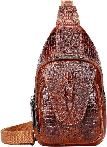 Vista 2 de PIJUSHI Mochila bandolera de cuero genuino para hombres y mujeres casual Crossbody hombro pecho Daypack