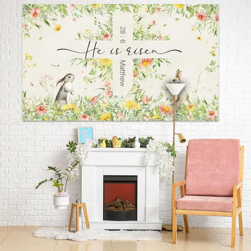 Vista 4 de Moukeren Decoraciones de telón de fondo de Pascua con texto en inglés «He is resucitado», pancarta de fotografía con cruz de Jesús, fondo de flores