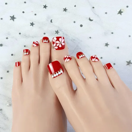 Vista 13 de Uñas postizas acrílicas artificiales negras para los dedos de los pies, ataúd a presión con diseños de flores blancas, uñas postizas reutilizables