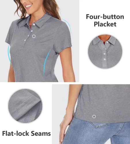 Vista 5 de BIYLACLESEN Polo para mujer, de manga corta, 4 botones, de secado rápido