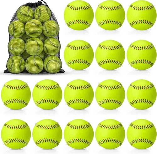 Vista 9 de Lewtemi Paquete de 18 pelotas de sóftbol amarillas para práctica deportiva de tamaño y peso oficial de sóftbol de lanzamiento lento con 1 bolsa