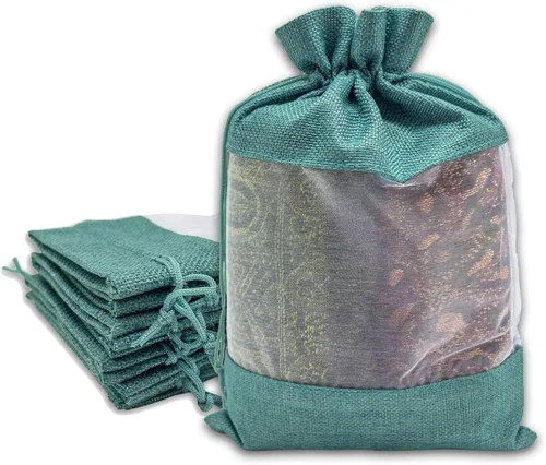 Vista 24 de TheDisplayGuys para tu vida moderna - Paquete de 12 bolsas de regalo pequeñas de arpillera de lino y organza con cordones (8.9x14 cm, gris)