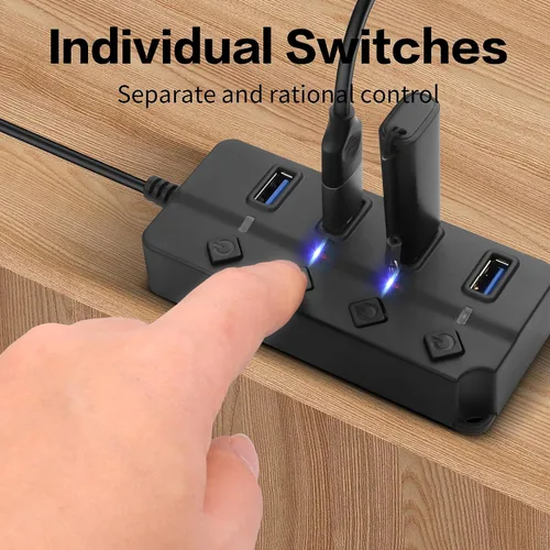 Vista 3 de Divisor de concentrador USB de 90 grados YACSEJAO USB 2.0 Hub de datos con botón LED individual interruptor de encendido/apagado DC5.5 x 2.1 puerto