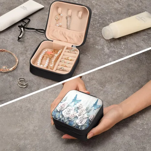 Vista 8 de GUIJI White Roses and Butterflies PU Leather Jewelry Organizer, Portable Small Jewelry Box Travel Jewelry Case Earrings Necklace Bracelet Rings for