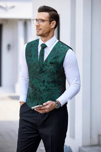 Vista 5 de COOFANDY Conjunto de 3 piezas de chaleco de cachemira para hombre, chaleco formal, chaleco esmoquin con bolsillo cuadrado
